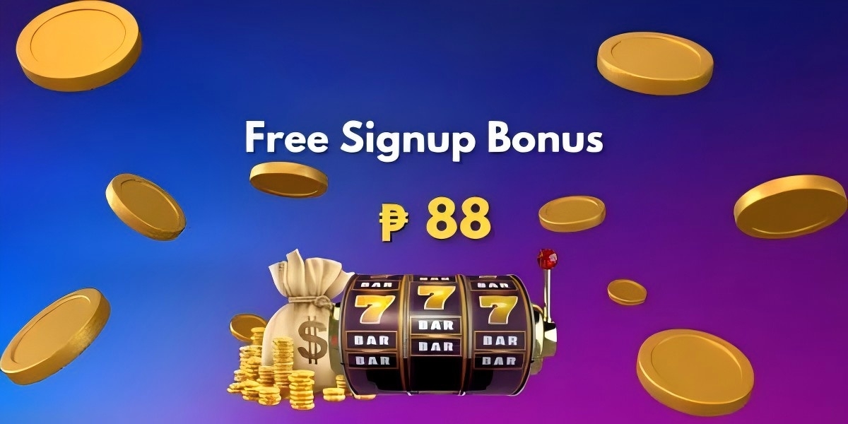 Free signup bonus artwork with gold coins and a slot machine